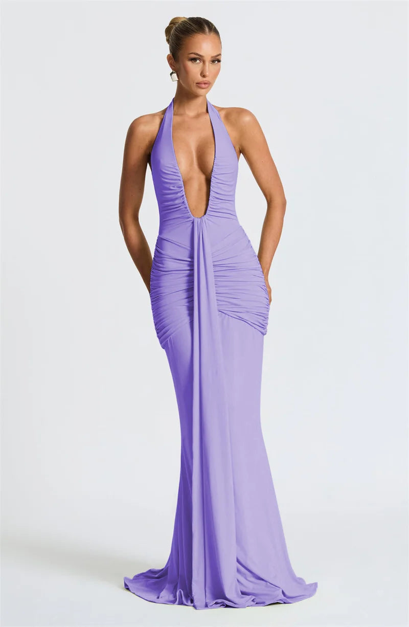 Mozision Deep V Neck Draped Ruched Sexy Maxi Dress Women Summer Fashion Halter Sleeveless Backless Club Party Long Dress Elegant