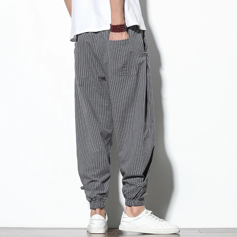 Japanese Style Summer Thin Section Stripes Harem Pants Men Cotton Fashion Disc Buckle Breathable Linen Pants Men Plus Size 5XL