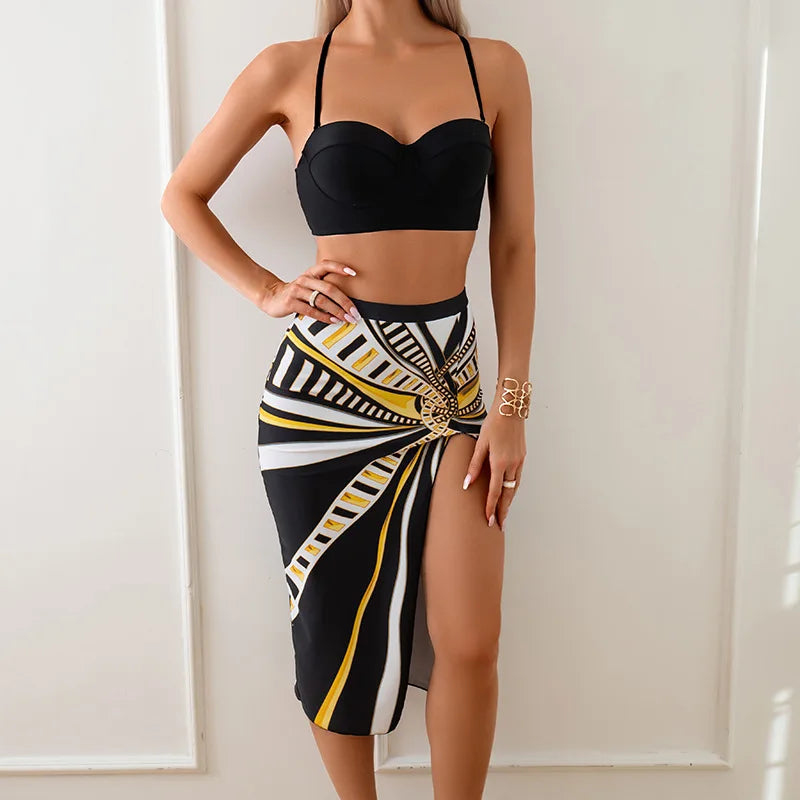 2026 3 Pieces Push Up Bikini Women With Beach Dress High Waist Swimsuit Female Padded Swimwear Bather Bathing Swimming Swim Suit