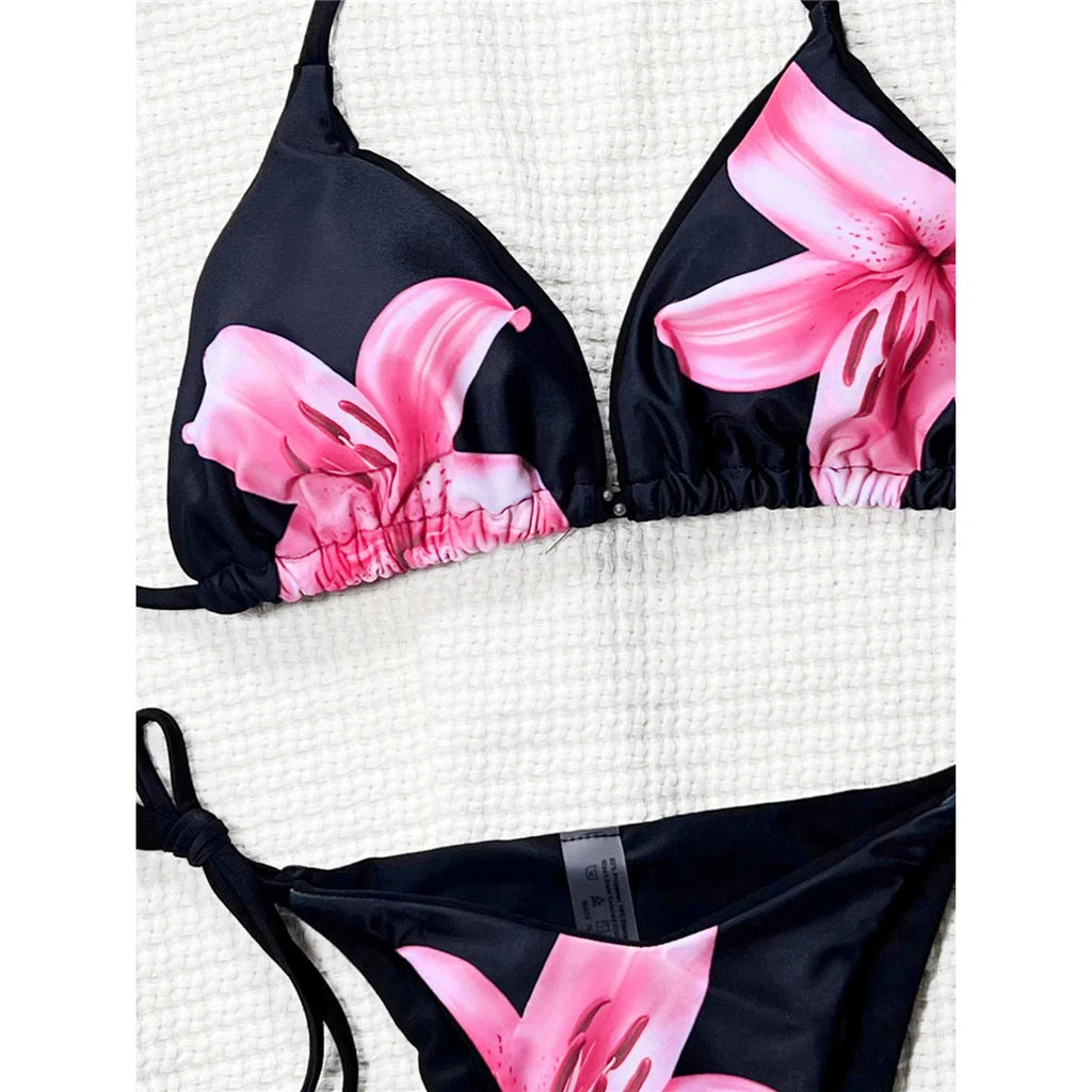 Floral Flower Printed Halter Bikini Female Swimsuit Women Swimwear Two-pieces Bikini set Strappy Bather Bathing Suit Swim V7033