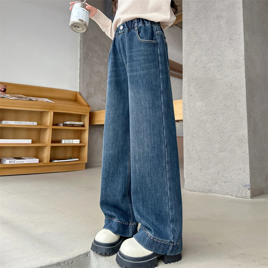 Elegant Children Insulated Jeans for Girls Fashion Heart Pocket Winter Warm Denim Pants Kids Child Fleece Lined Jeans Trousers