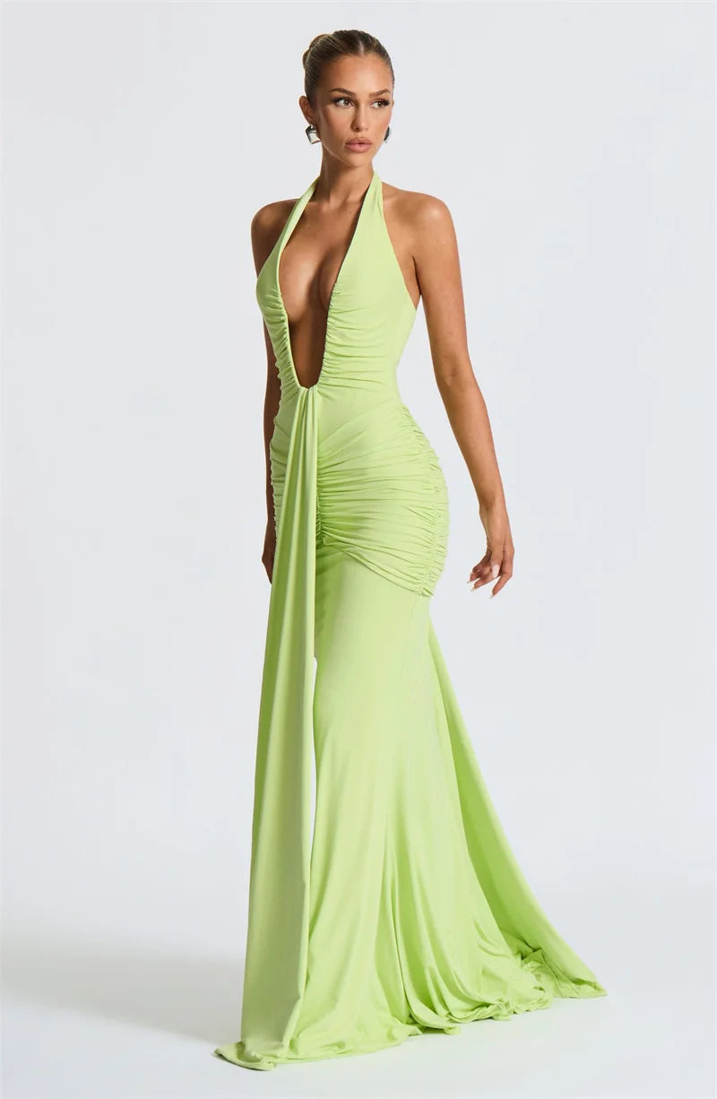 Mozision Deep V Neck Draped Ruched Sexy Maxi Dress Women Summer Fashion Halter Sleeveless Backless Club Party Long Dress Elegant
