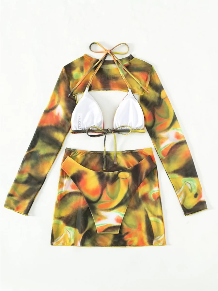 2026 Print 4 Pieces Triangle Halter String Bikini Swimsuit Women Swimwear Female Bathers Bathing Swimming Swim Suit