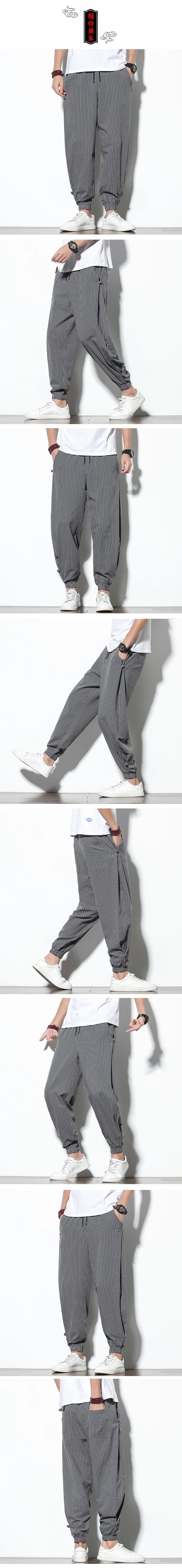 Japanese Style Summer Thin Section Stripes Harem Pants Men Cotton Fashion Disc Buckle Breathable Linen Pants Men Plus Size 5XL