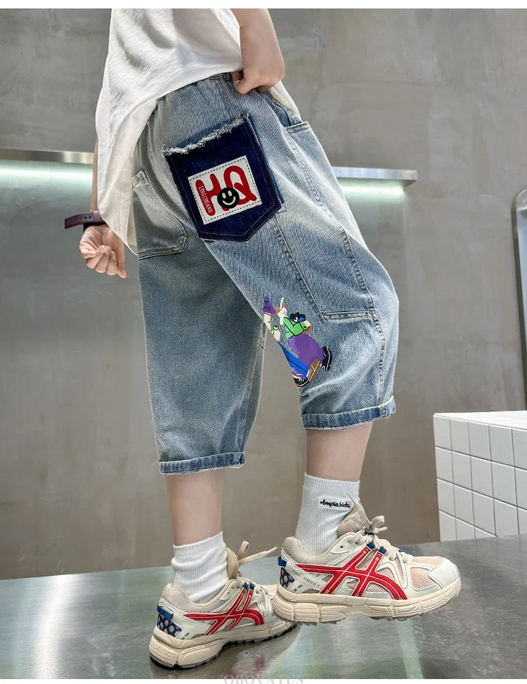 Boys Denim Shorts New Summer Children Capri Pants High Quality Boys Clothes Mid-Calf Short Jeans Kids Casual Bottoms 5 7 9 11 13