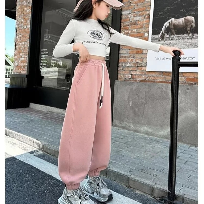 Causal Pants Girls Kids Loose Cotton Sports Pants 110-170 Black Pink Trousers for Children Spring Kids Clothing 2025