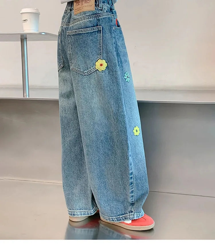 Teenagers Spring Girls Jeans Flower Children Trousers Autumn Girls Denim Wide Leg Pants Birthday Gifts 5-16 Years Kids Clothes