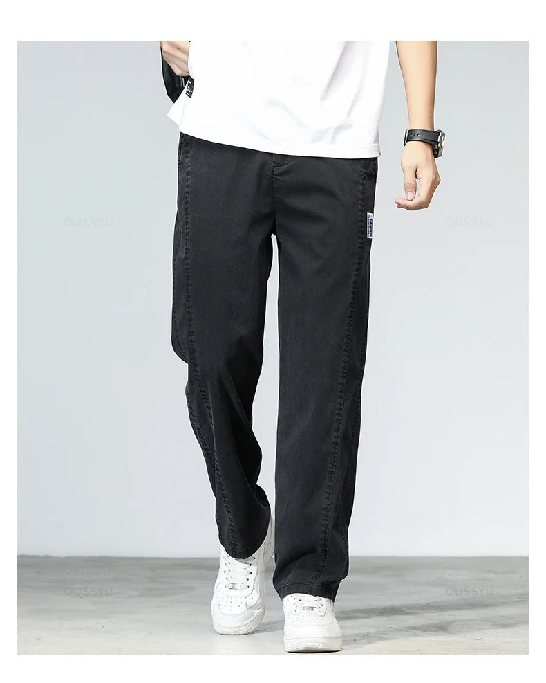 Summer Ultrathin High Quality Soft Lyocell Fabric Men's Jeans Loose Straight Denim Pants Design Casual Trousers Plus Size M-5XL