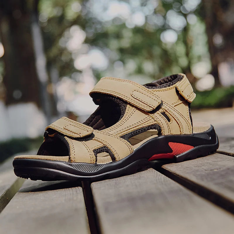 COW LEATHER Men's Sandals Outdoor Beach Sports Shoes Genuine Leather Roman Sandals Lightweight Open Toe Sandals Plus Size 38-48