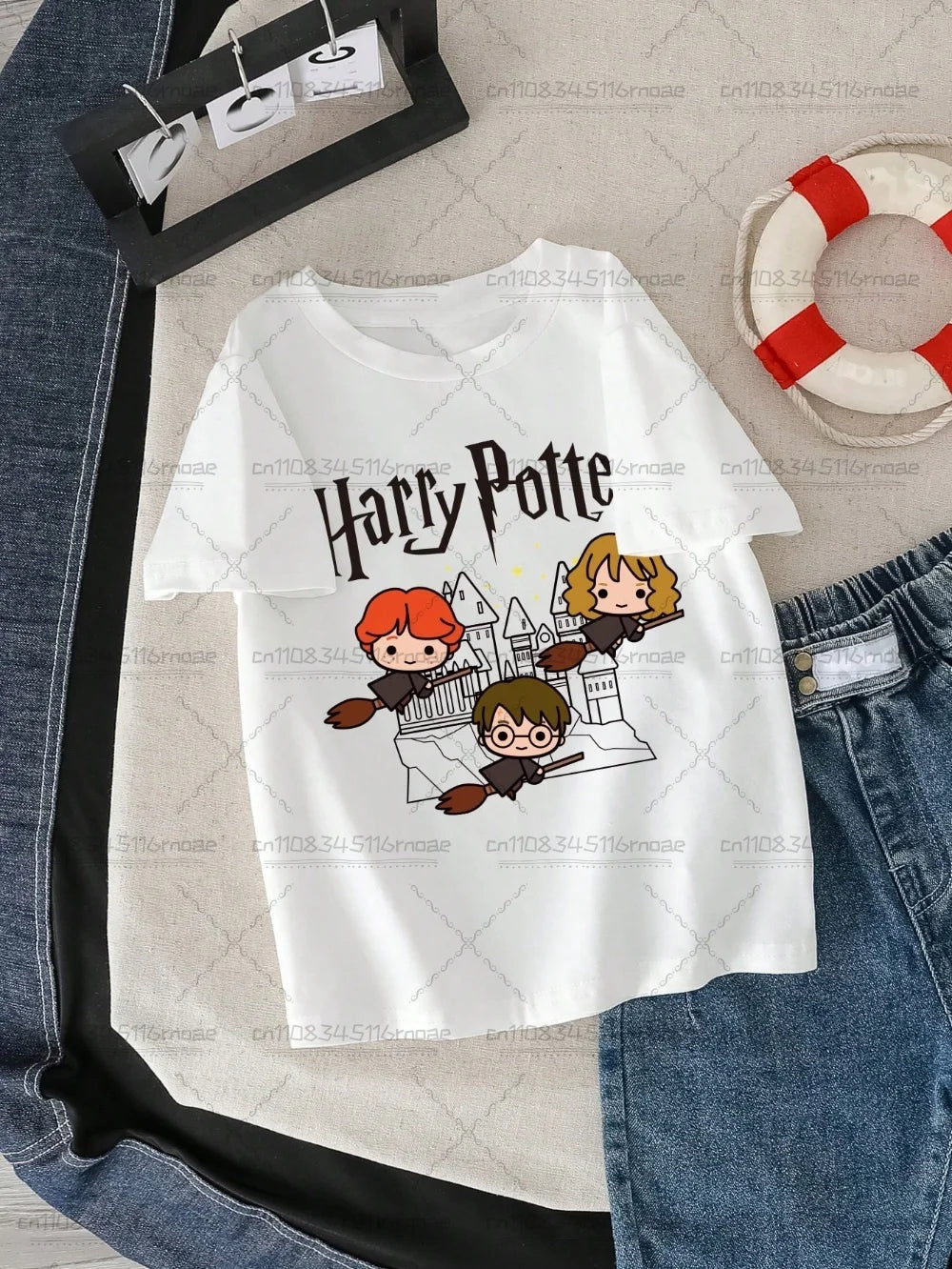 HARRY POTTER Boys and Girls Broom Pattern Printed Fashion Loose Short Sleeve Cotton T-shirt Children/Adults Summer Casual Top