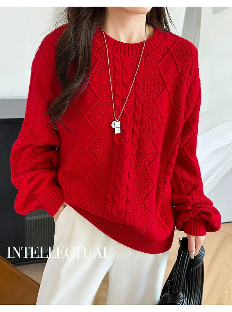 YTFidio 100% Cotton Women O-neck Thickened Twisted Flower Pullover Sweater Luxury Designer Clothing Plus Size 400