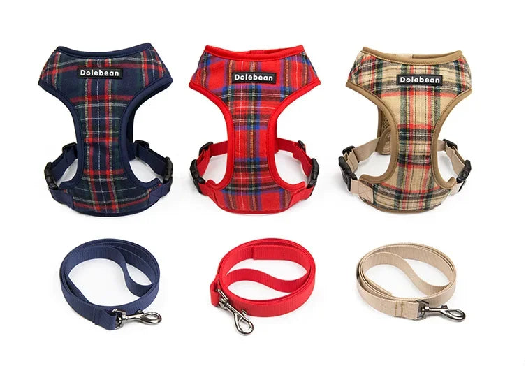Fashion Plaid Style Pet Harness Vest and Leash Set Dog Vest Harness Dog Leash Adjustable Dog Chest Strap Pet Supplies
