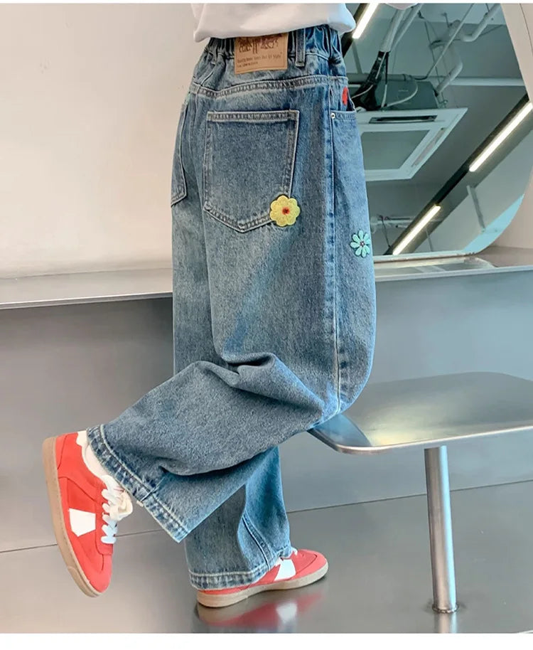 Teenagers Spring Girls Jeans Flower Children Trousers Autumn Girls Denim Wide Leg Pants Birthday Gifts 5-16 Years Kids Clothes