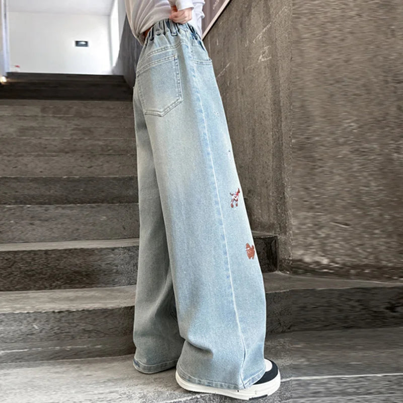 Autumn Girls' Jeans Cartoon Embroidered Children Denim Pants New Kids Loose Straight-leg Trousers Teenager Spring Clothing 4-14Y