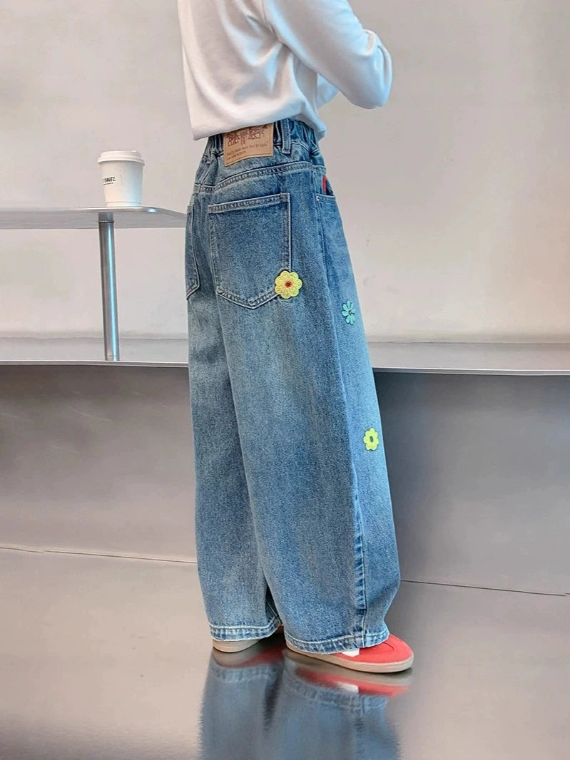 Teenagers Spring Girls Jeans Flower Children Trousers Autumn Girls Denim Wide Leg Pants Birthday Gifts 5-16 Years Kids Clothes