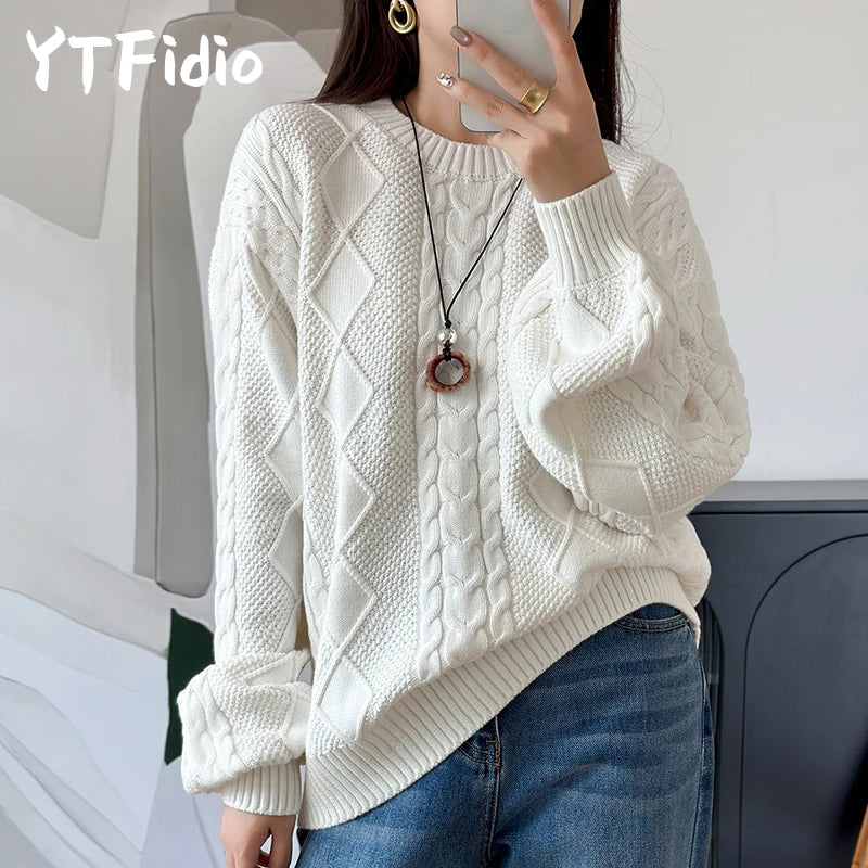 YTFidio 100% Cotton Women O-neck Thickened Twisted Flower Pullover Sweater Luxury Designer Clothing Plus Size 400