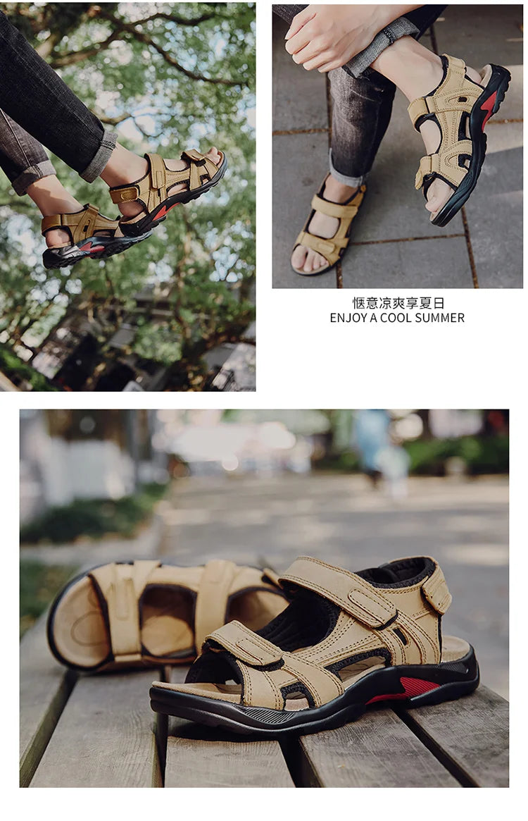 COW LEATHER Men's Sandals Outdoor Beach Sports Shoes Genuine Leather Roman Sandals Lightweight Open Toe Sandals Plus Size 38-48