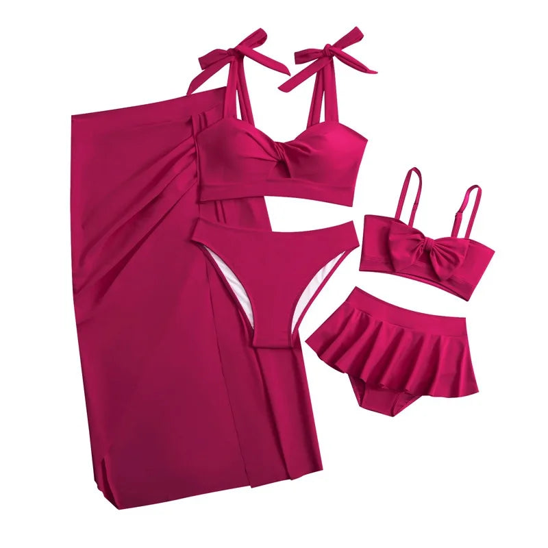 2025 Summer Family Matching Swimsuit Bikini Mother Daughter Bow Swimwear Mom Baby Girls Clothing Set 3PCS Mom's Swimsuit Skirt