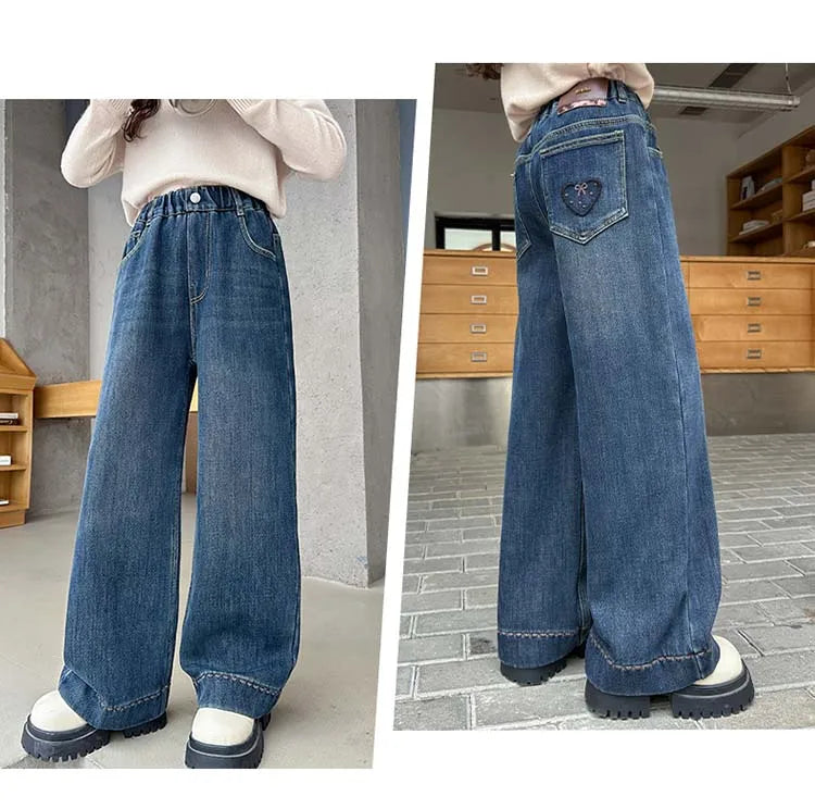 Elegant Children Insulated Jeans for Girls Fashion Heart Pocket Winter Warm Denim Pants Kids Child Fleece Lined Jeans Trousers