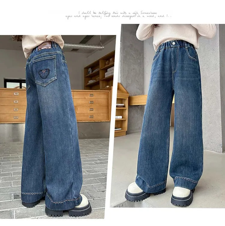 Elegant Children Insulated Jeans for Girls Fashion Heart Pocket Winter Warm Denim Pants Kids Child Fleece Lined Jeans Trousers