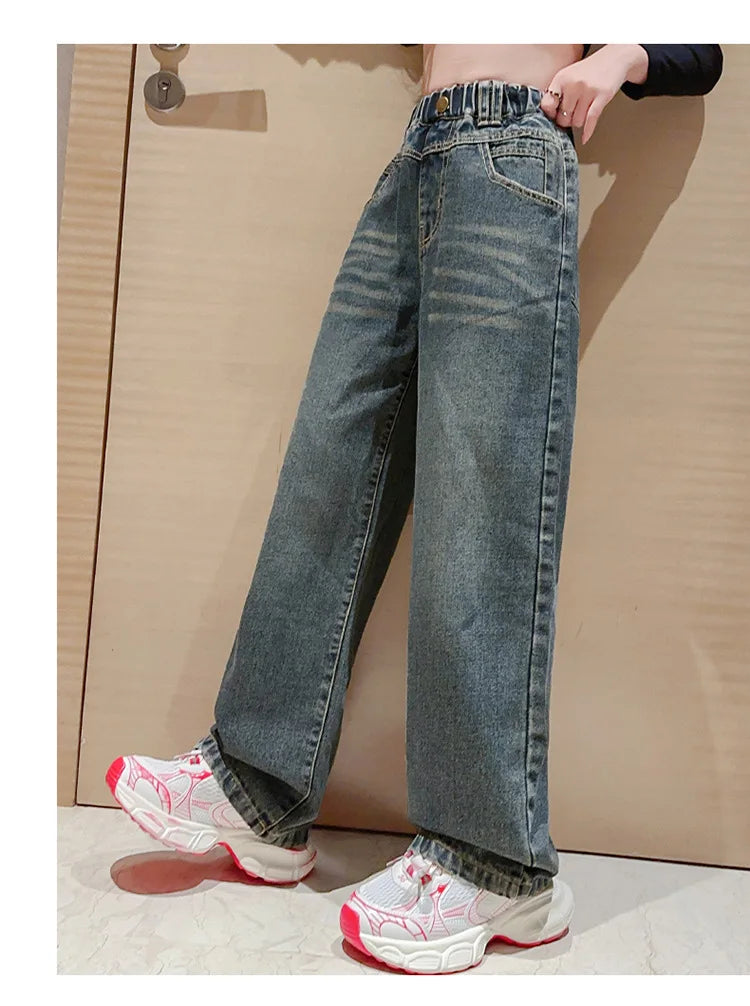 Children Winter Insulated Jeans for Girl Warm and Thick Thermal Denim Pants Teen Kids Fashion Fleece-Lined Street Trousers