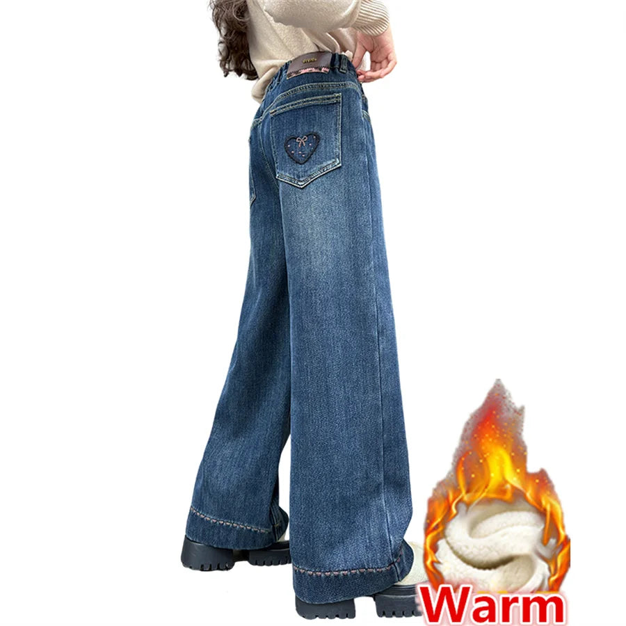 Elegant Children Insulated Jeans for Girls Fashion Heart Pocket Winter Warm Denim Pants Kids Child Fleece Lined Jeans Trousers