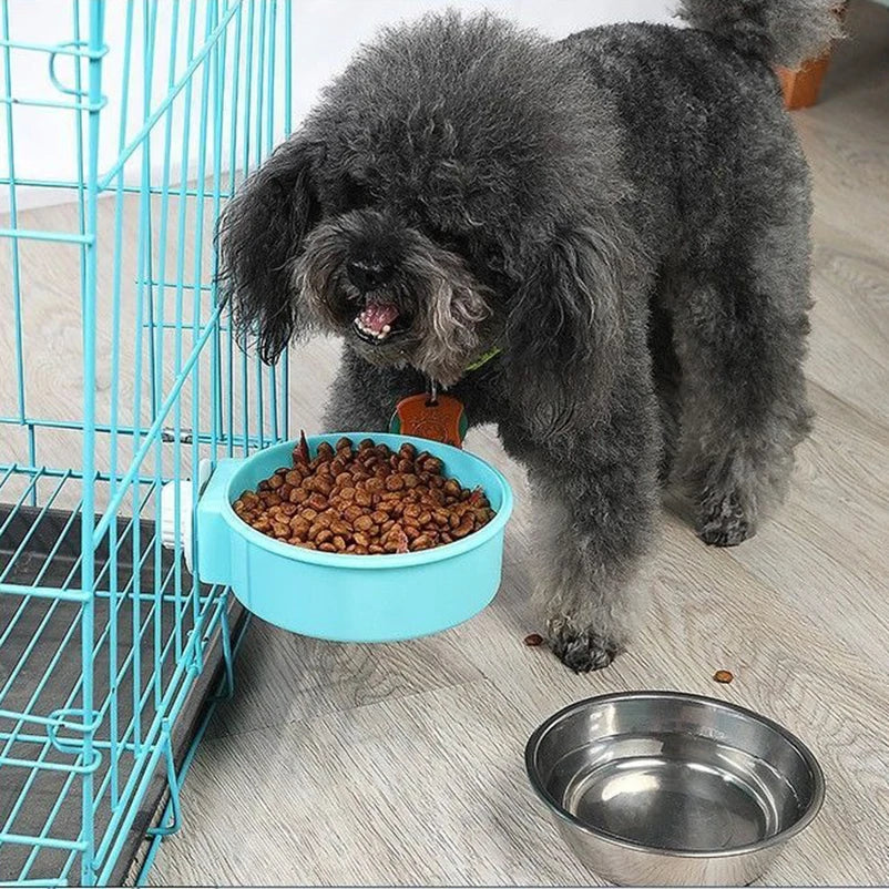 Pet hanging stainless steel dog bowl Cat bowl Food bowl anti-upset hanging cage Fixed water bowl fence Pet supplies