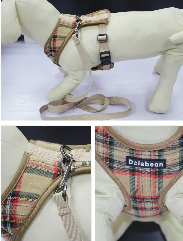 Fashion Plaid Style Pet Harness Vest and Leash Set Dog Vest Harness Dog Leash Adjustable Dog Chest Strap Pet Supplies