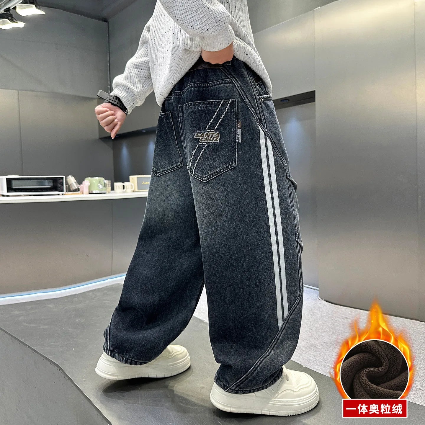 Boys Fleece Lined Jeans Side Stripe Autumn Winter Loose Soft Straight Leg Wide Denim Pants Warm Trousers for Teenage Children