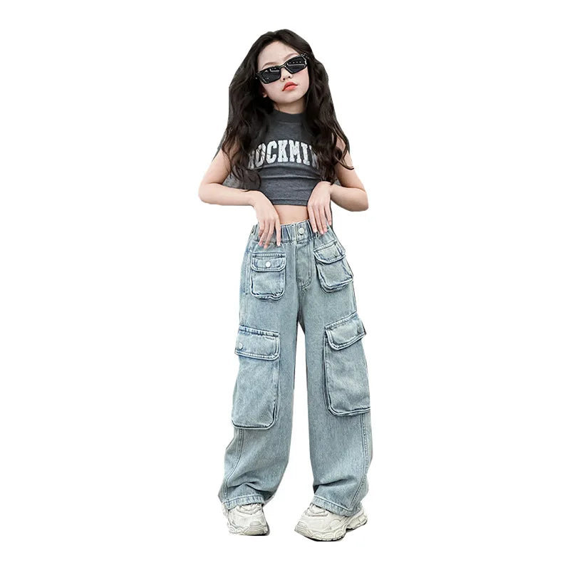 Girls Trousers Big Pocket Jeans 2025 Spring and Summer New Large Children Loose Cargo Pants Stylish Baggy Pants Simple Casual