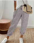 European and American Cross border Women's Summer New Fashionable Loose Stripe Printed Elastic Waist Drawstring Casual Pants