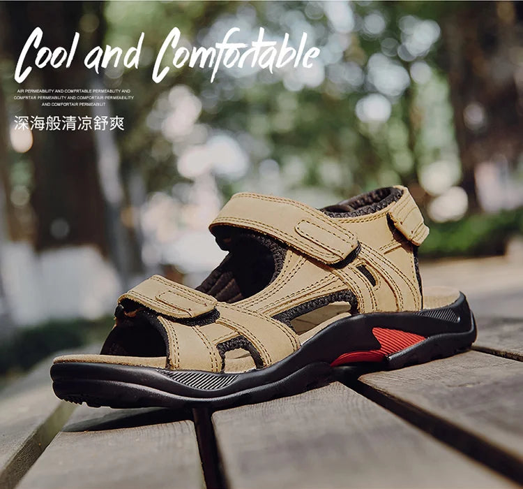 COW LEATHER Men's Sandals Outdoor Beach Sports Shoes Genuine Leather Roman Sandals Lightweight Open Toe Sandals Plus Size 38-48