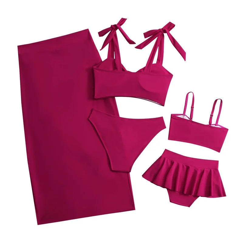 2025 Summer Family Matching Swimsuit Bikini Mother Daughter Bow Swimwear Mom Baby Girls Clothing Set 3PCS Mom's Swimsuit Skirt