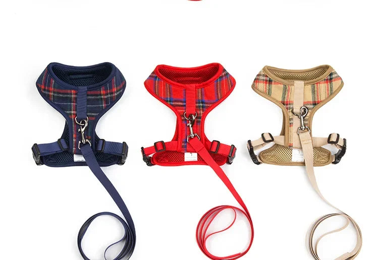 Fashion Plaid Style Pet Harness Vest and Leash Set Dog Vest Harness Dog Leash Adjustable Dog Chest Strap Pet Supplies