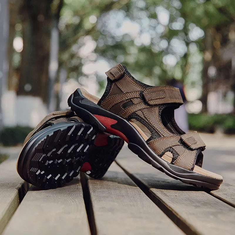 COW LEATHER Men's Sandals Outdoor Beach Sports Shoes Genuine Leather Roman Sandals Lightweight Open Toe Sandals Plus Size 38-48