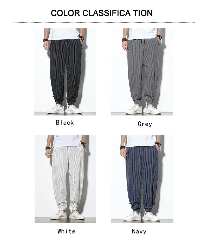 Japanese Style Summer Thin Section Stripes Harem Pants Men Cotton Fashion Disc Buckle Breathable Linen Pants Men Plus Size 5XL