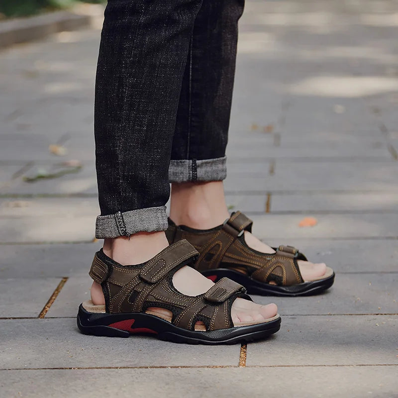 COW LEATHER Men's Sandals Outdoor Beach Sports Shoes Genuine Leather Roman Sandals Lightweight Open Toe Sandals Plus Size 38-48