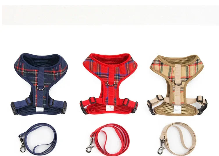 Fashion Plaid Style Pet Harness Vest and Leash Set Dog Vest Harness Dog Leash Adjustable Dog Chest Strap Pet Supplies