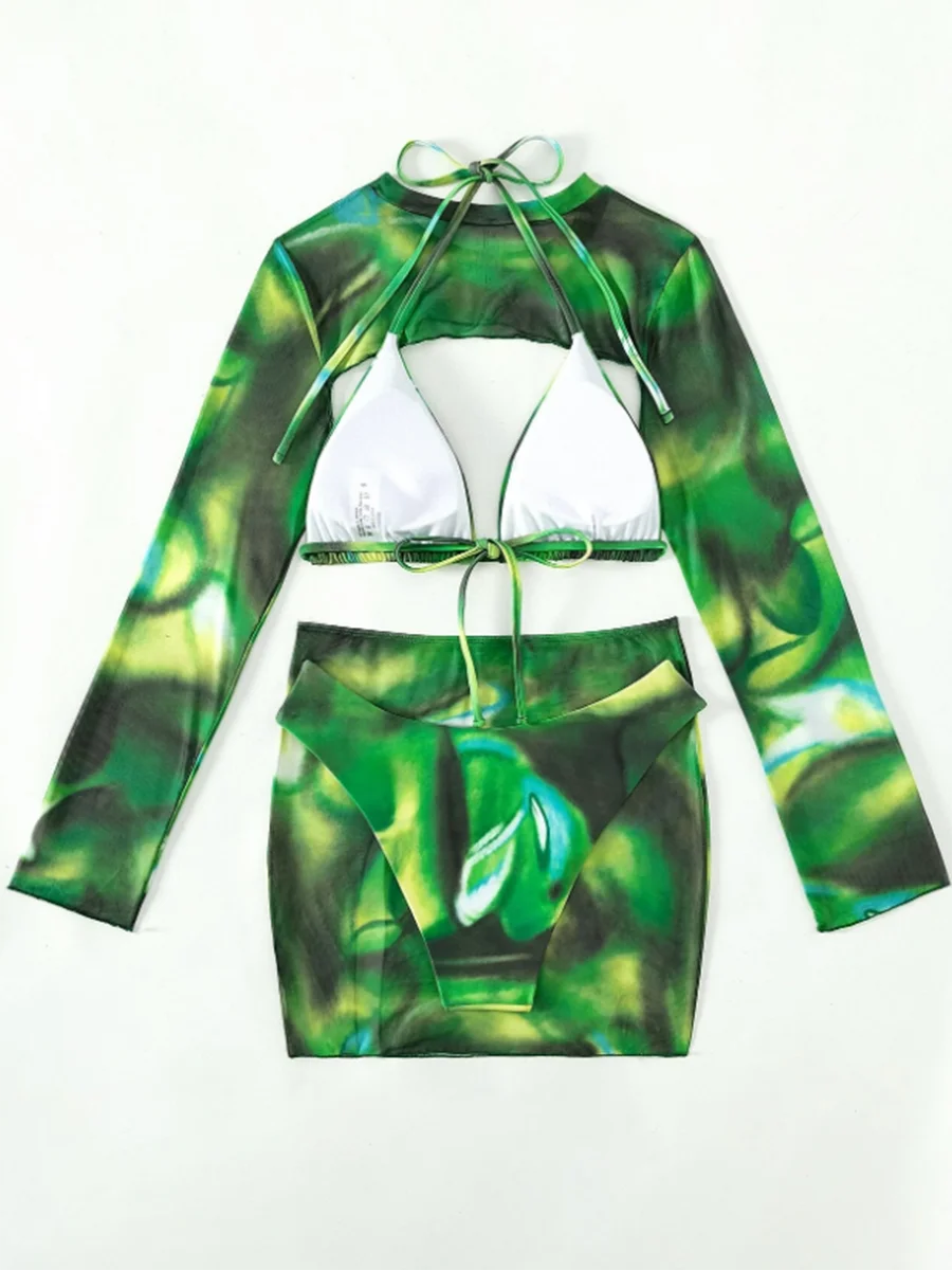 2026 Print 4 Pieces Triangle Halter String Bikini Swimsuit Women Swimwear Female Bathers Bathing Swimming Swim Suit