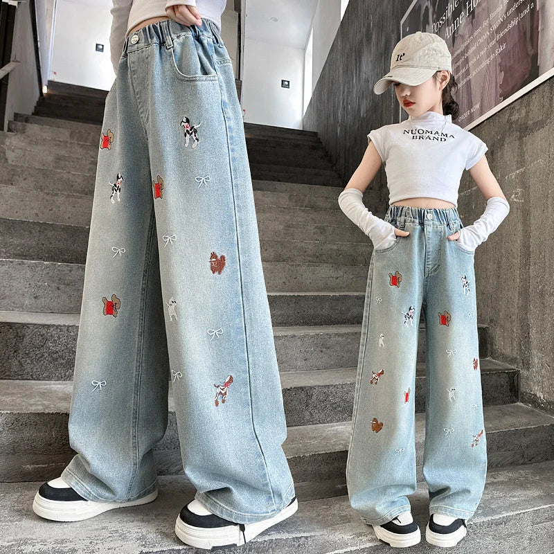 Autumn Girls' Jeans Cartoon Embroidered Children Denim Pants New Kids Loose Straight-leg Trousers Teenager Spring Clothing 4-14Y