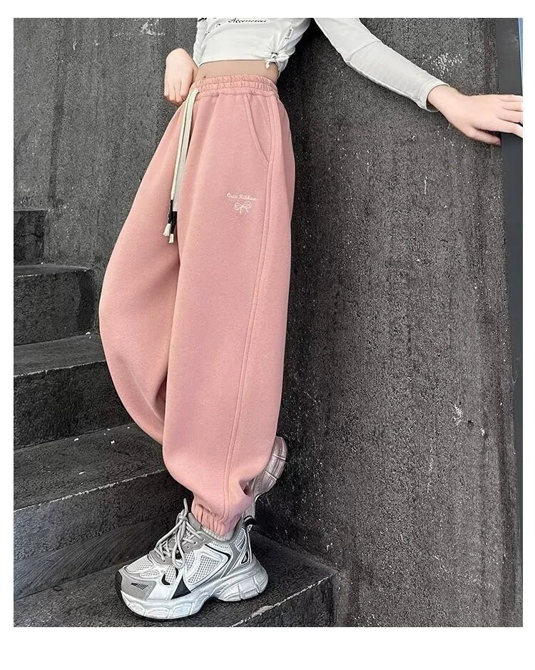 Causal Pants Girls Kids Loose Cotton Sports Pants 110-170 Black Pink Trousers for Children Spring Kids Clothing 2025