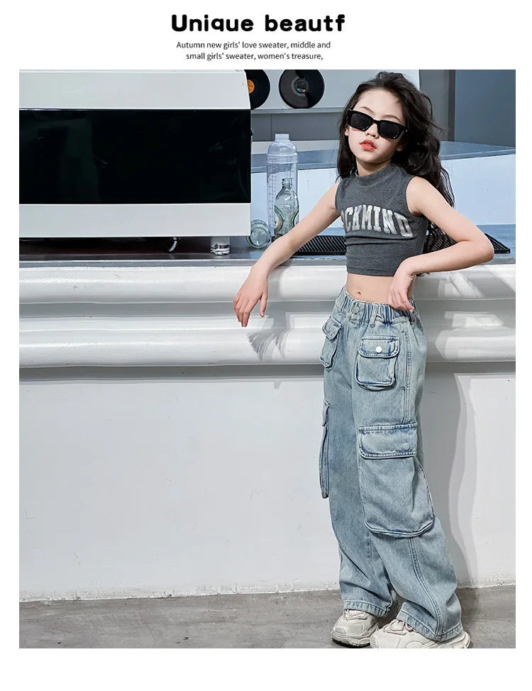 Girls Trousers Big Pocket Jeans 2025 Spring and Summer New Large Children Loose Cargo Pants Stylish Baggy Pants Simple Casual
