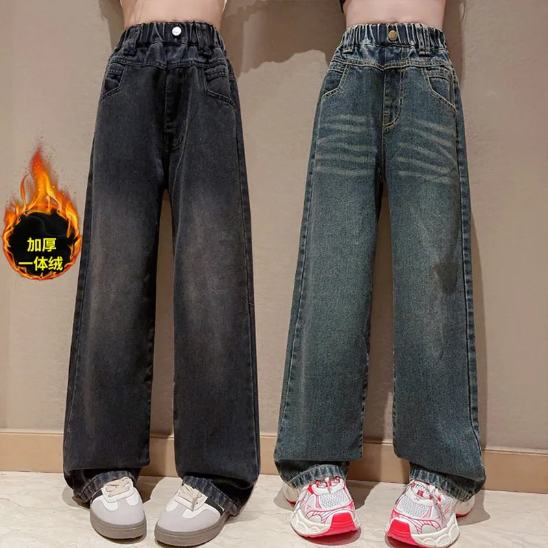Children Winter Insulated Jeans for Girl Warm and Thick Thermal Denim Pants Teen Kids Fashion Fleece-Lined Street Trousers