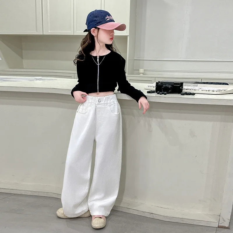 Girls Casual Trousers Cotton Spring Autumn Teenage Kid Straight Leg Pants Embroidered Butterfly Knot Wide Leg Pants for Children