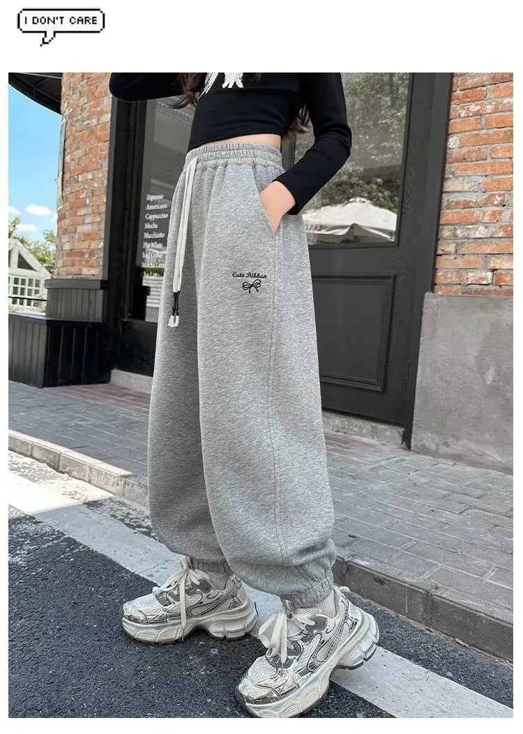 Causal Pants Girls Kids Loose Cotton Sports Pants 110-170 Black Pink Trousers for Children Spring Kids Clothing 2025