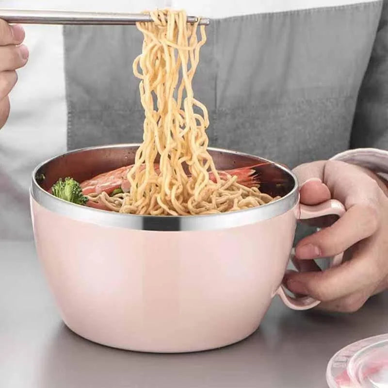 Portable Stainless Steel with Lid Instant Noodle Bowl Double Insulated Anti-scald Lunch Box Kitchen Supplies