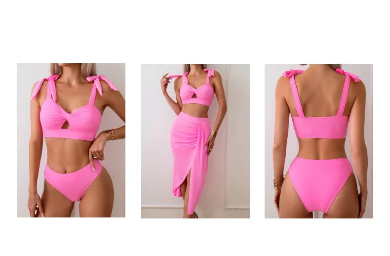 2025 Summer Family Matching Swimsuit Bikini Mother Daughter Bow Swimwear Mom Baby Girls Clothing Set 3PCS Mom's Swimsuit Skirt