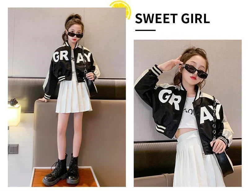 Girls Fashion Jacket 2024 New Teen Spring Autumn Coats Kids Letter Zipper Trends Windbreaker 4-14 Years Children Casual Clothing