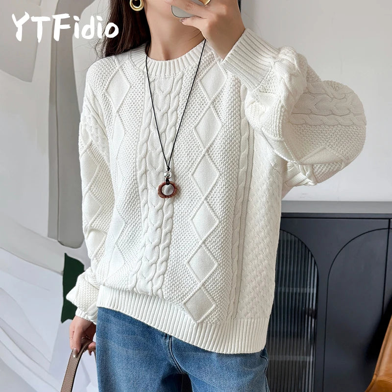 YTFidio 100% Cotton Women O-neck Thickened Twisted Flower Pullover Sweater Luxury Designer Clothing Plus Size 400