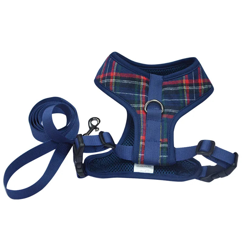 Fashion Plaid Style Pet Harness Vest and Leash Set Dog Vest Harness Dog Leash Adjustable Dog Chest Strap Pet Supplies